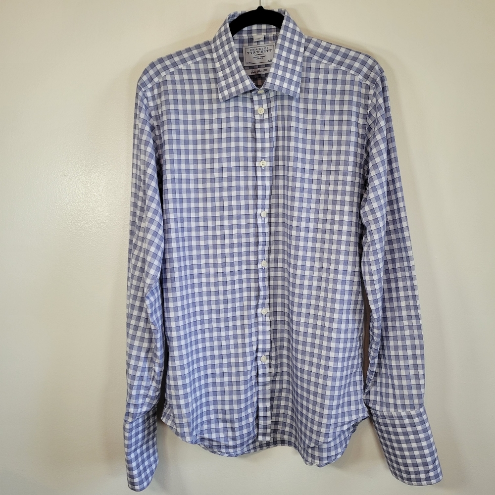 Charles Tyrwhitt Mens Extra Slim Fit Blue Checked Dress Shirt 16/35 French Cuff
